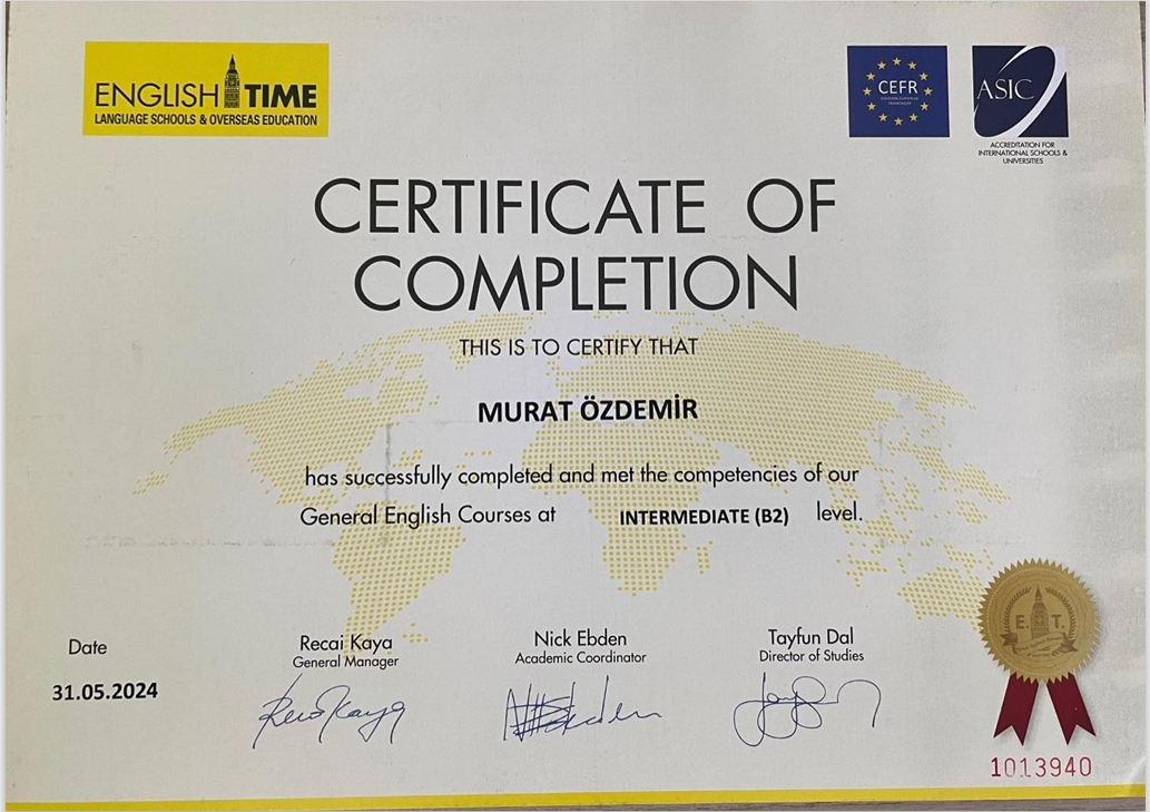 English Time Eğitim Sertifikası - İngilizce B2 level Sertifikası