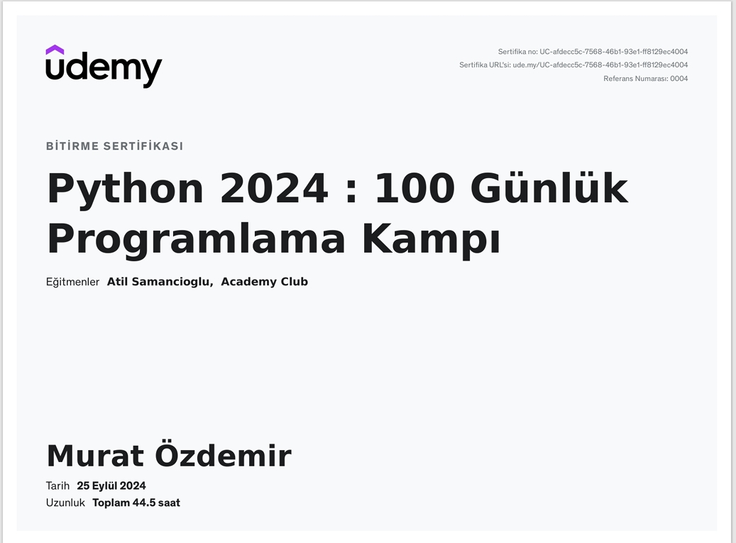 Udemy Eğitim Sertifikası - Python Geliştiricisi Sertifikası